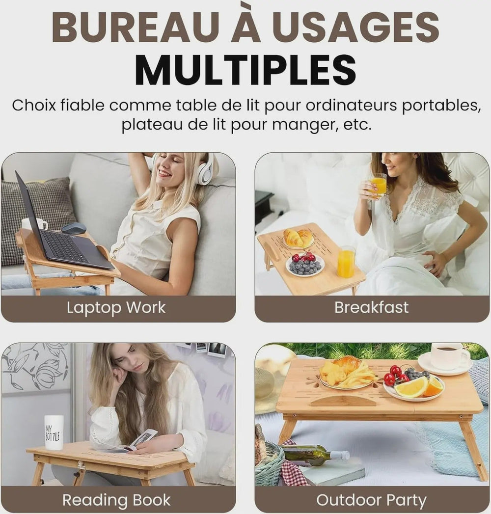 Opklapbare Bamboe Bedtafel met Verstelbare Hoogte & Kantelbaar Bureau - Ideaal voor Laptop, Ontbijt & Lezen