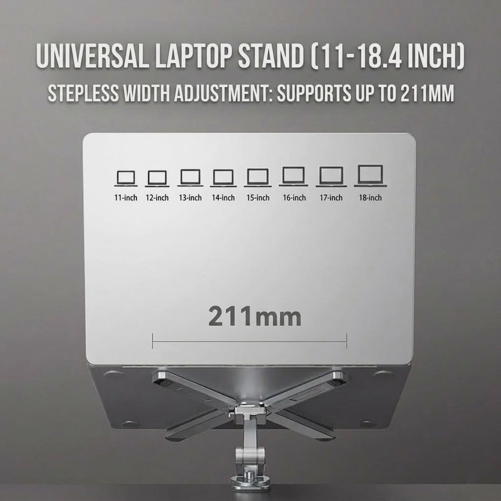 2-in-1 Afneembare Laptopstandaard met 360° Draaibare Basis & Tablet Arm - Opvouwbaar & Ruimtebesparend