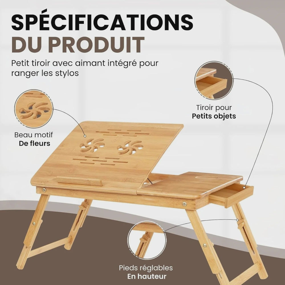 Opklapbare Bamboe Bedtafel met Verstelbare Hoogte & Kantelbaar Bureau - Ideaal voor Laptop, Ontbijt & Lezen